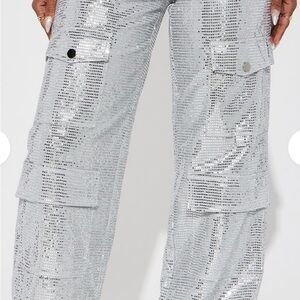 Fashion Nova Silver Sequin Wide Leg Pants Disco Cargo